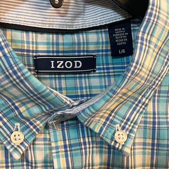 IZOD Men’s Dress Shirt LG Multi color checked Blue, White, Light Blue Plaid - Picture 2 of 6